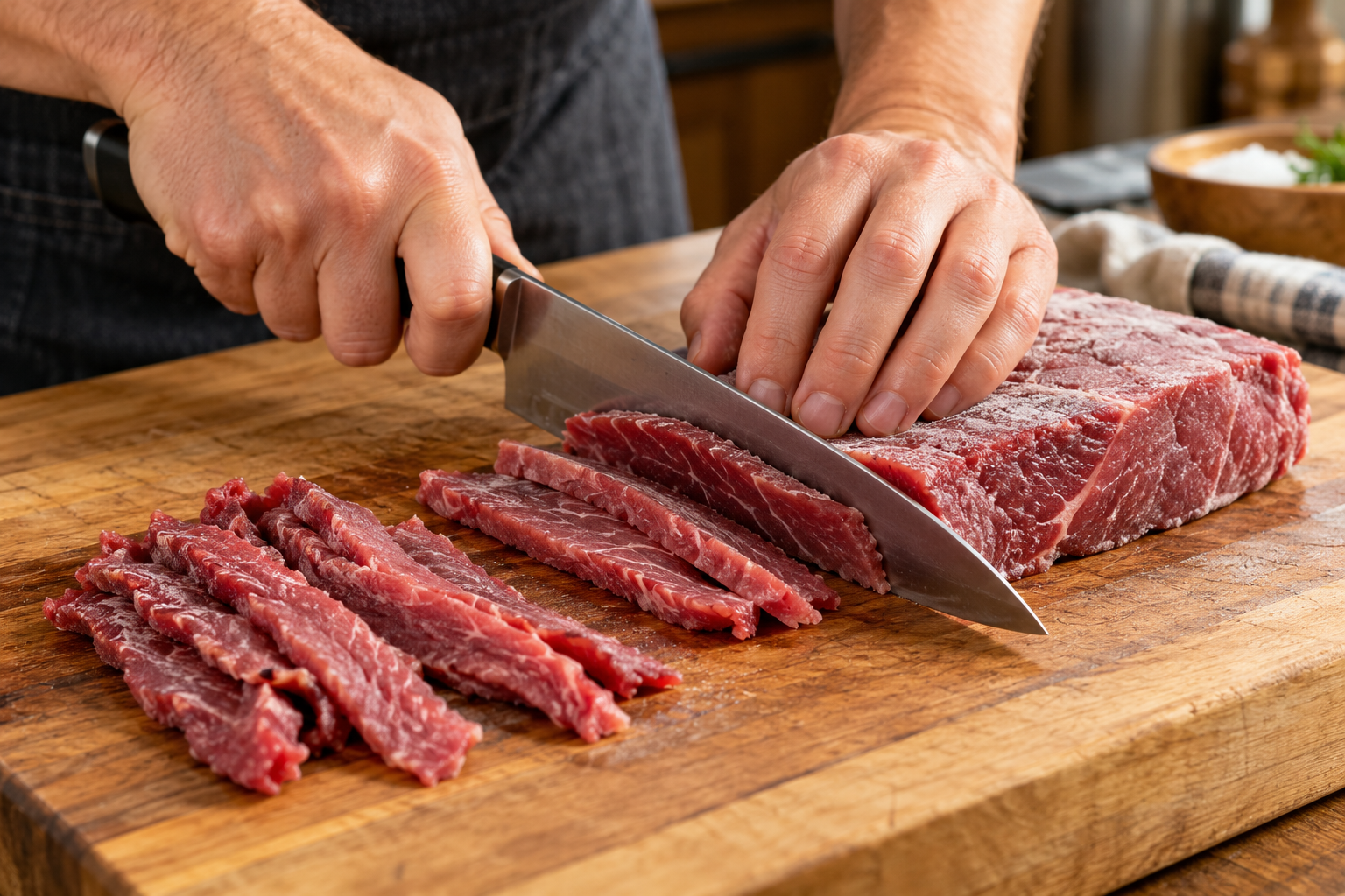 Step 1: Partially freeze the beef until firm, trim visible fat, and slice thinly across the grain.
