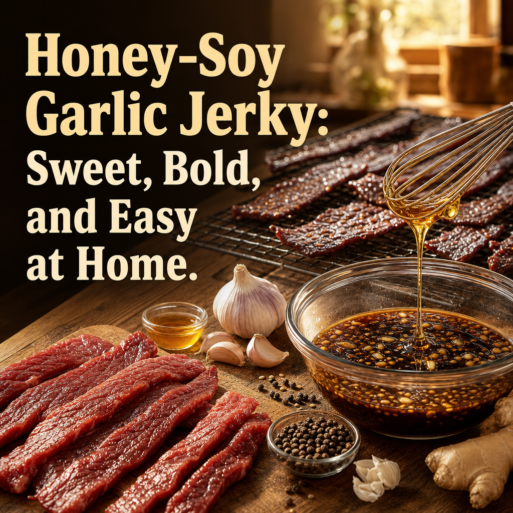 Kitchen scene with honey being whisked into soy marinade, sliced beef strips, and finished jerky cooling on a rack.