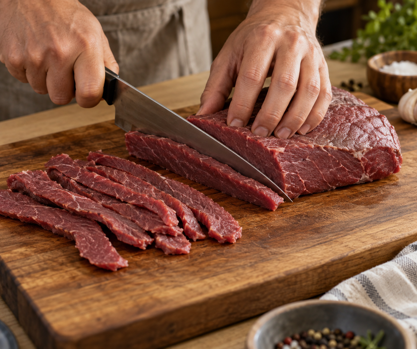 Thinly slicing lean beef for jerky
