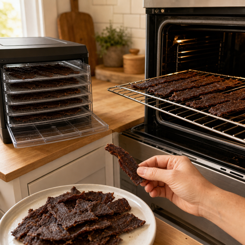 Step 3: Once preheated, move jerky strips to a dehydrator set at 130–140°F, or keep them on the oven rack with the door propped slightly open for airflow. Dry for 4–10 hours, checking occasionally. Finished jerky should bend and crack, but not snap clean through—let a piece cool fully before testing.