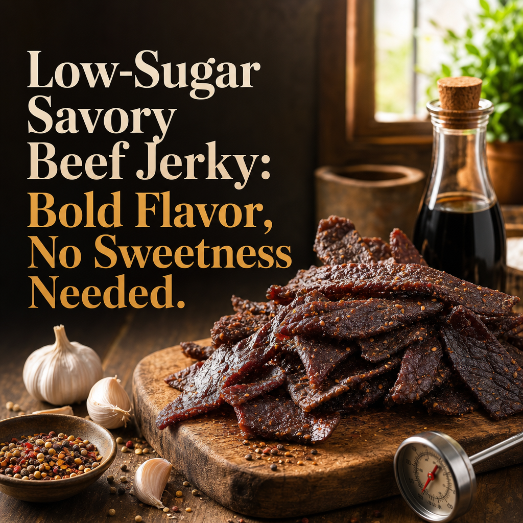 Savory beef jerky strips on a wooden board, surrounded by bowls of spices and a meat thermometer, in warm kitchen light.