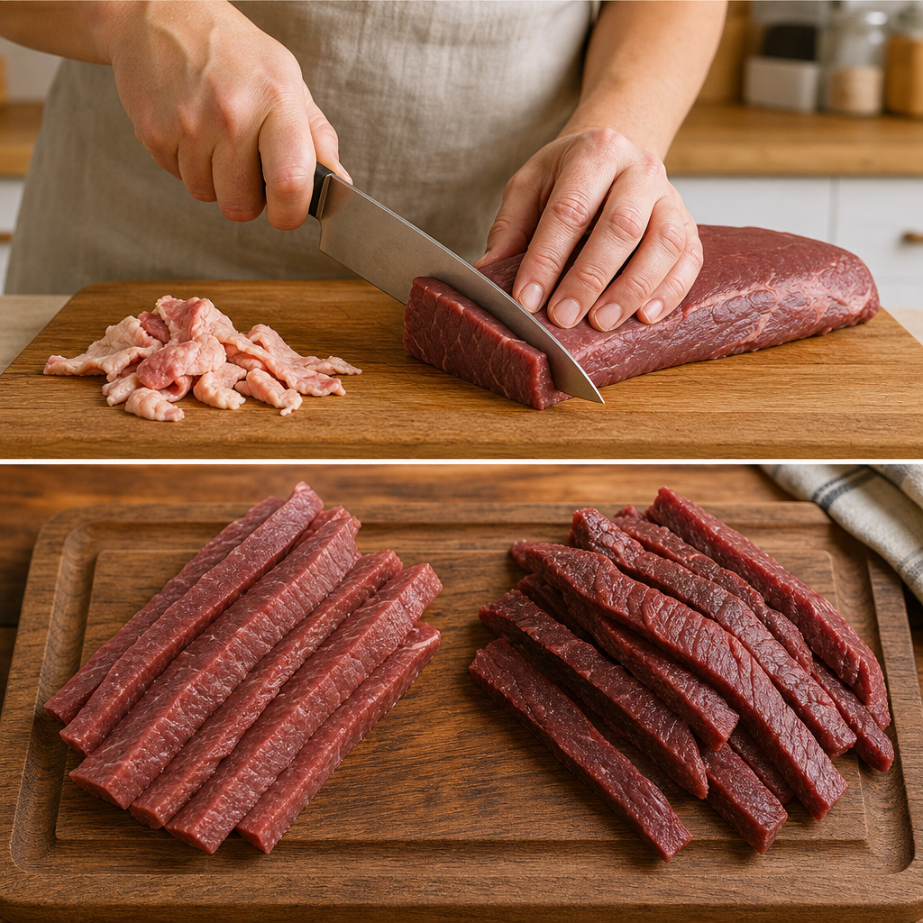 Step 1: Trim beef of all fat for best shelf-life and flavor. Slice against the grain for tender jerky (1/4-inch thick strips), or with the grain for chewy pieces.