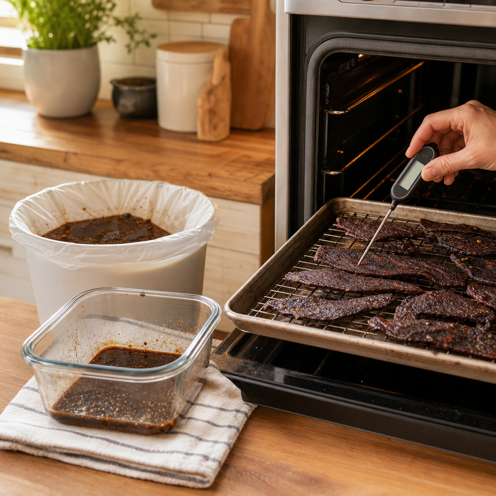 Step 2: **Food safety note:** Always marinate meat in the refrigerator and discard any used marinade. The USDA recommends that beef strips reach an internal temperature of 160°F before (or during) drying to destroy pathogens ([ask.fsis.usda.gov](https://ask.fsis.usda.gov/article/How-do-I-dry-jerky?utm_source=openai)). The easiest way is to briefly bake the strips in a 275°F oven (about 10–15 minutes) until the thickest piece hits 160°F, checking with an instant-read thermometer.