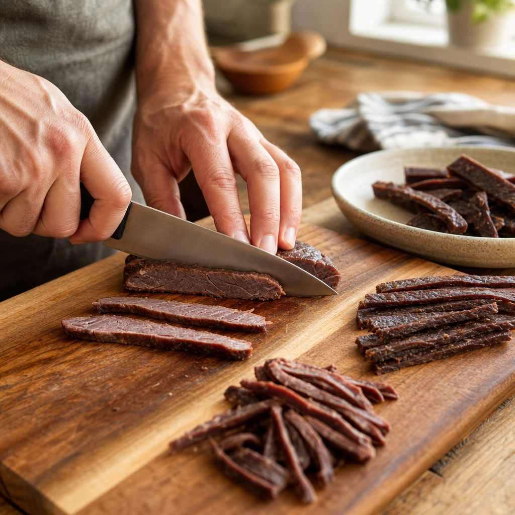 Step 1: Slice meat across the grain for tender jerky (or with the grain for a tougher chew), aiming for 1/8"–1/4" thick strips.