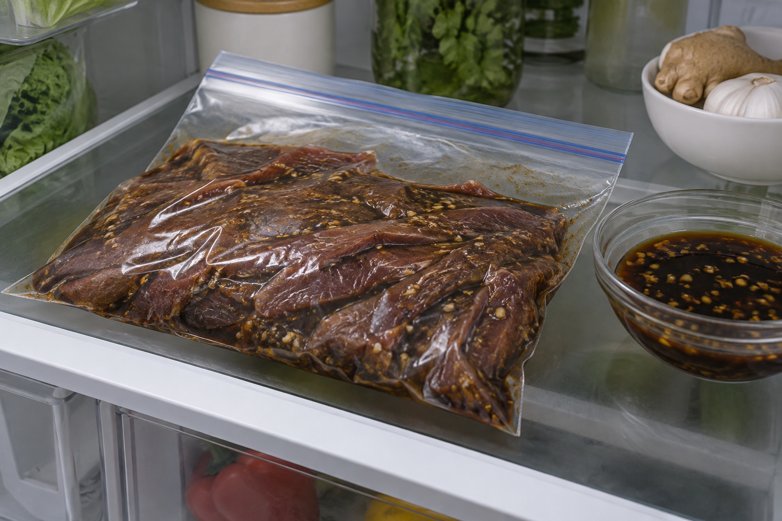 Beef strips marinating in a resealable bag