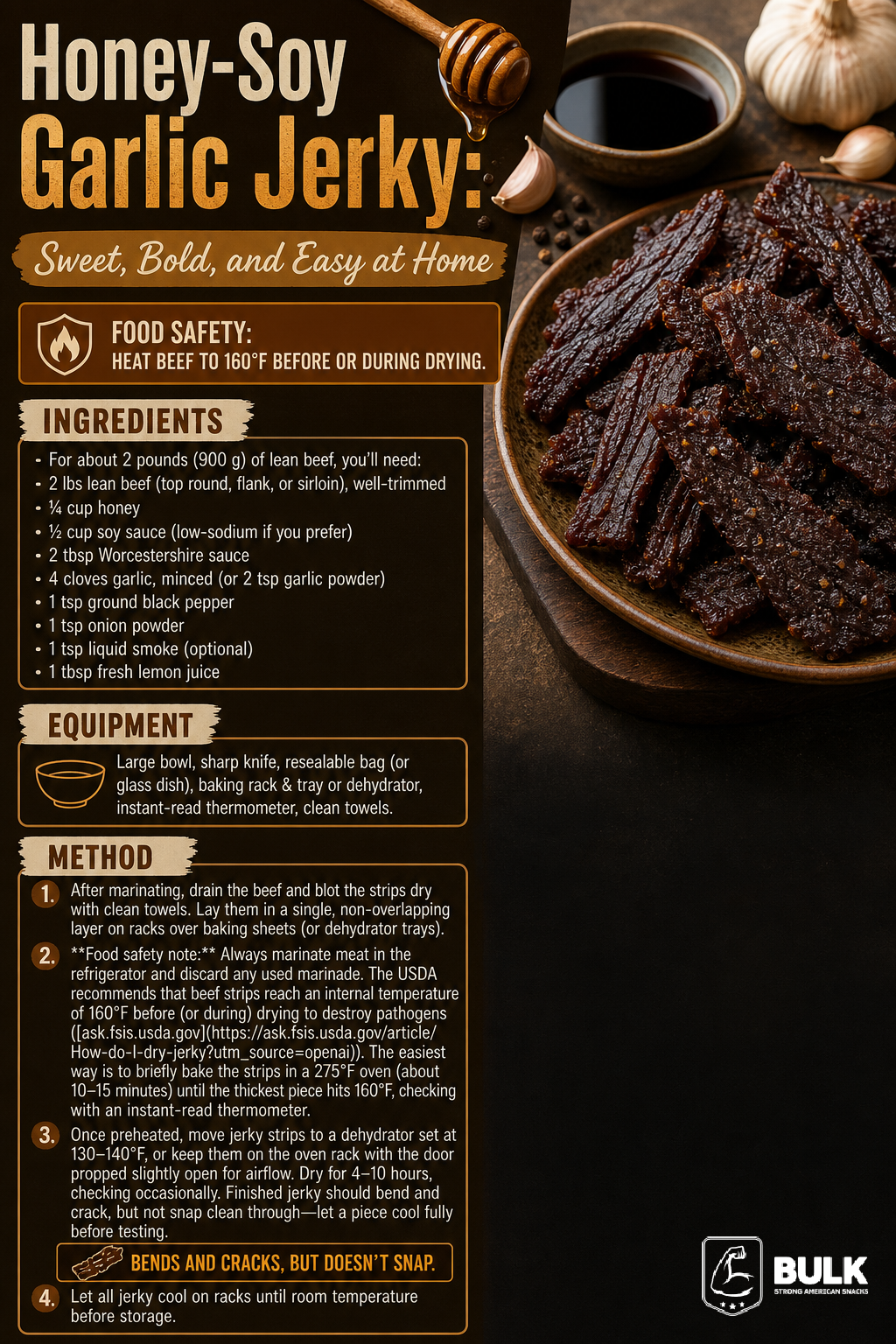 Recipe infographic with ingredients, method steps, food safety guidance, and storage texture cue.