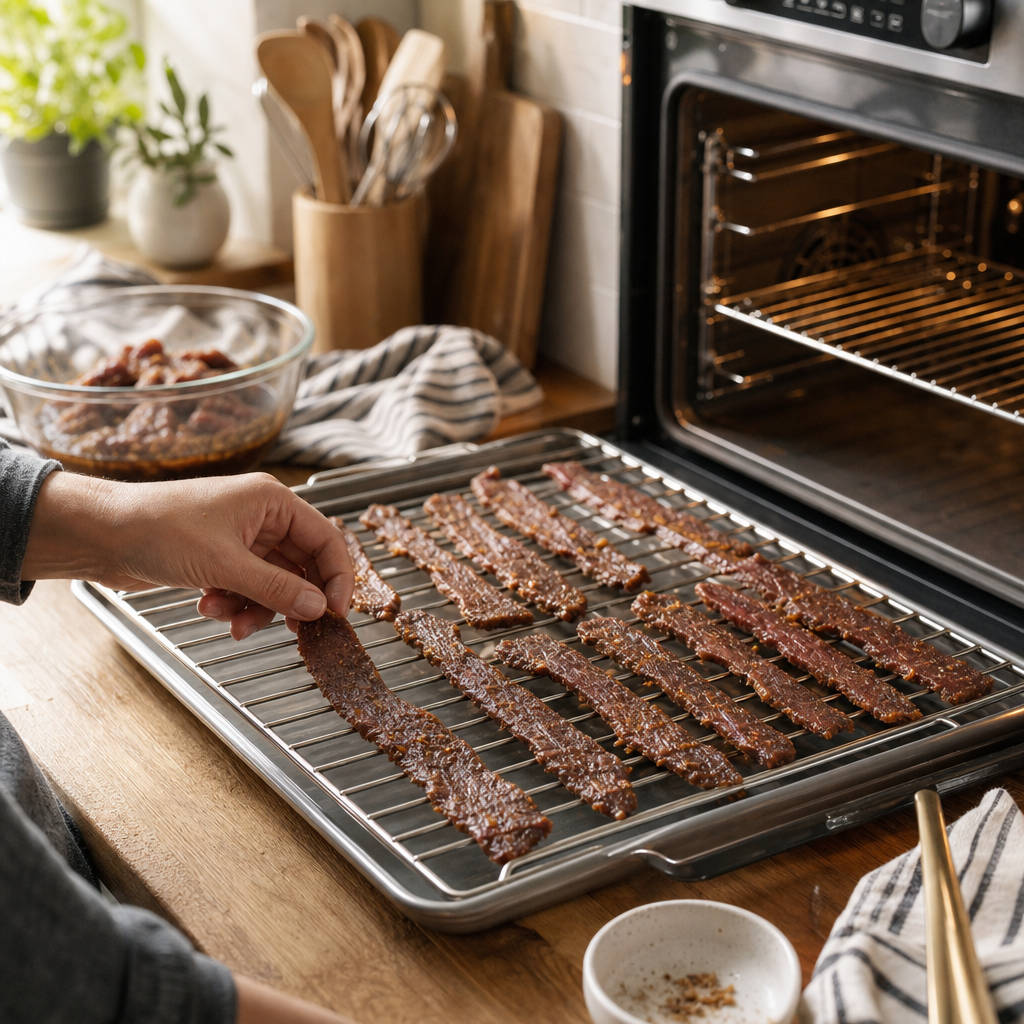 Step 3: Preheat your oven to 275°F. Arrange beef strips on a rack over a baking sheet in a single layer.

Food safety note: According to USDA guidance, always cook beef strips until they reach an internal temperature of 160°F before or during drying. This destroys pathogens that marinade and even gradual dehydration may not always eliminate ([USDA Jerky Safety](https://www.fsis.usda.gov/food-safety/safe-food-handling-and-preparation/meat-fish/jerky?utm_source=openai)). Discard all leftover marinade.