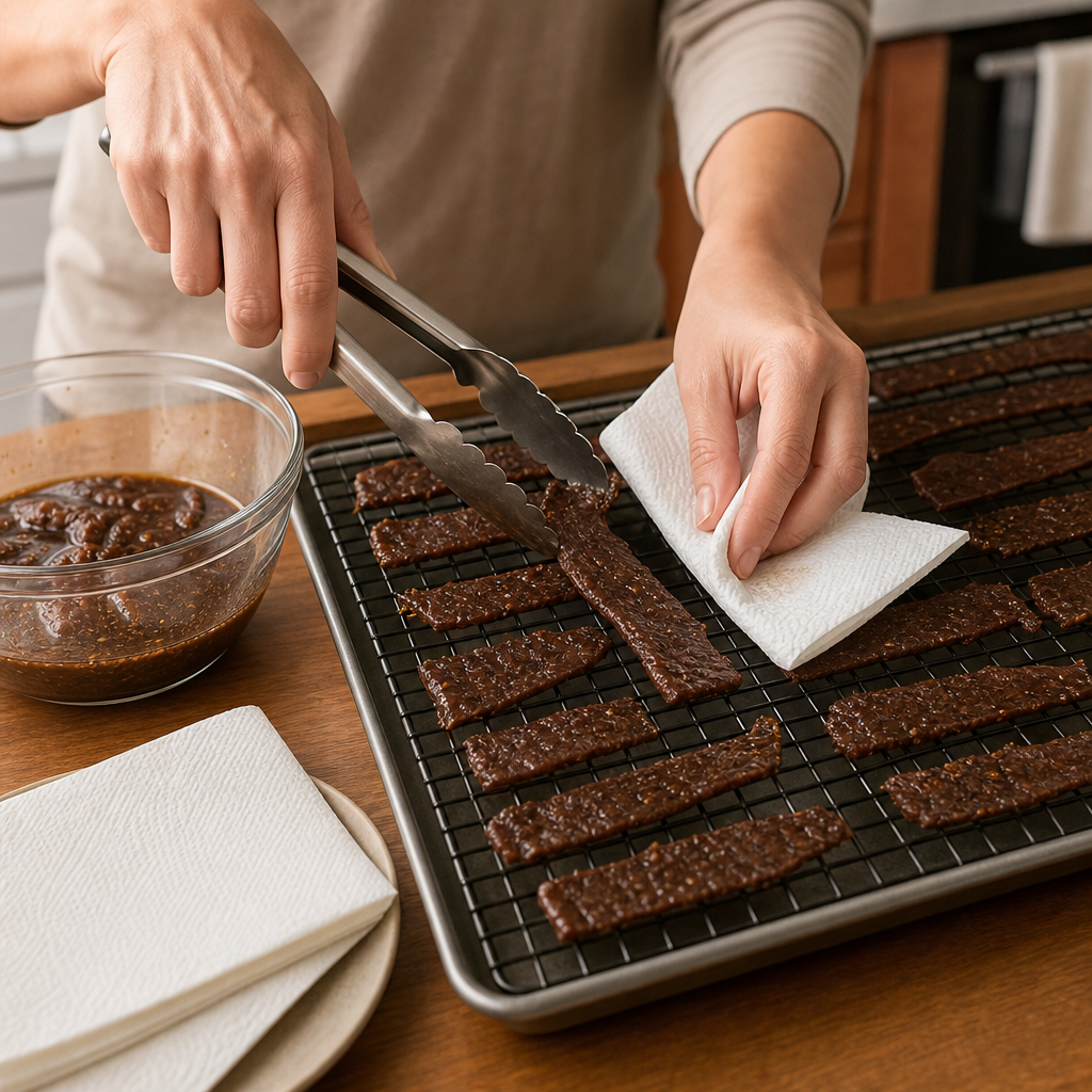 Step 3: Remove beef from marinade (discard marinade). Blot strips dry with paper towels and arrange in a single layer on oven-safe racks.