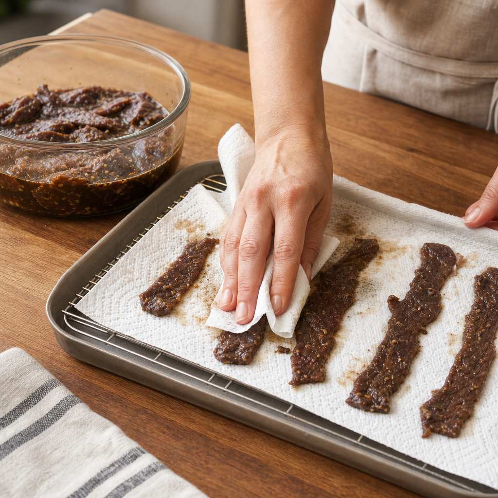 Step 2: After marinating overnight, remove strips and blot them dry with paper towels.