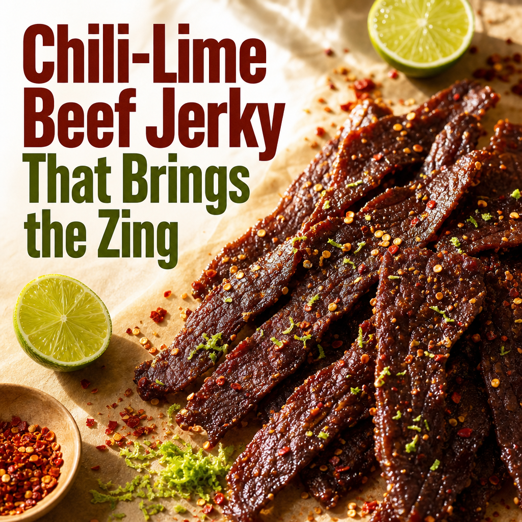 Chili-lime beef jerky strips on parchment beside fresh lime halves, zest, and red chili flakes.