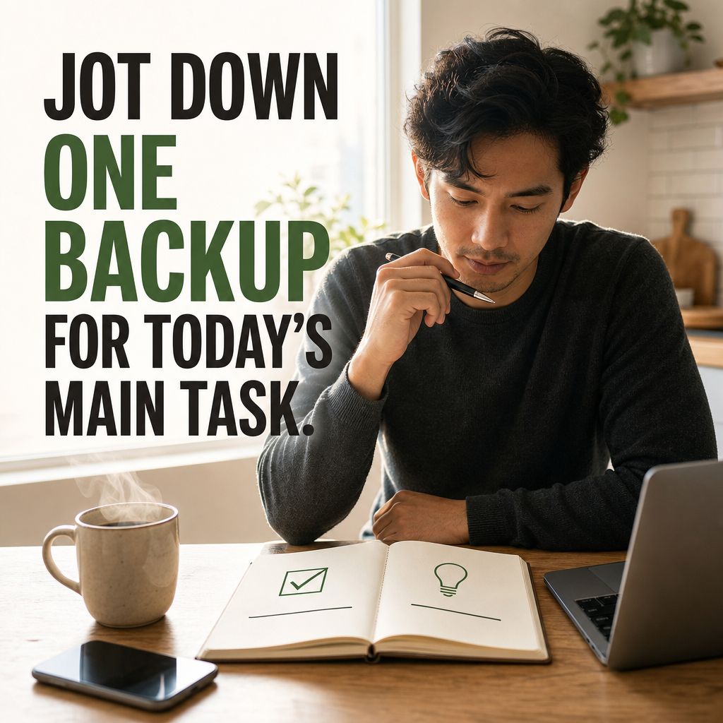 A focused person writing a backup plan on paper beside their daily task list, surrounded by natural quiet and tools for work.