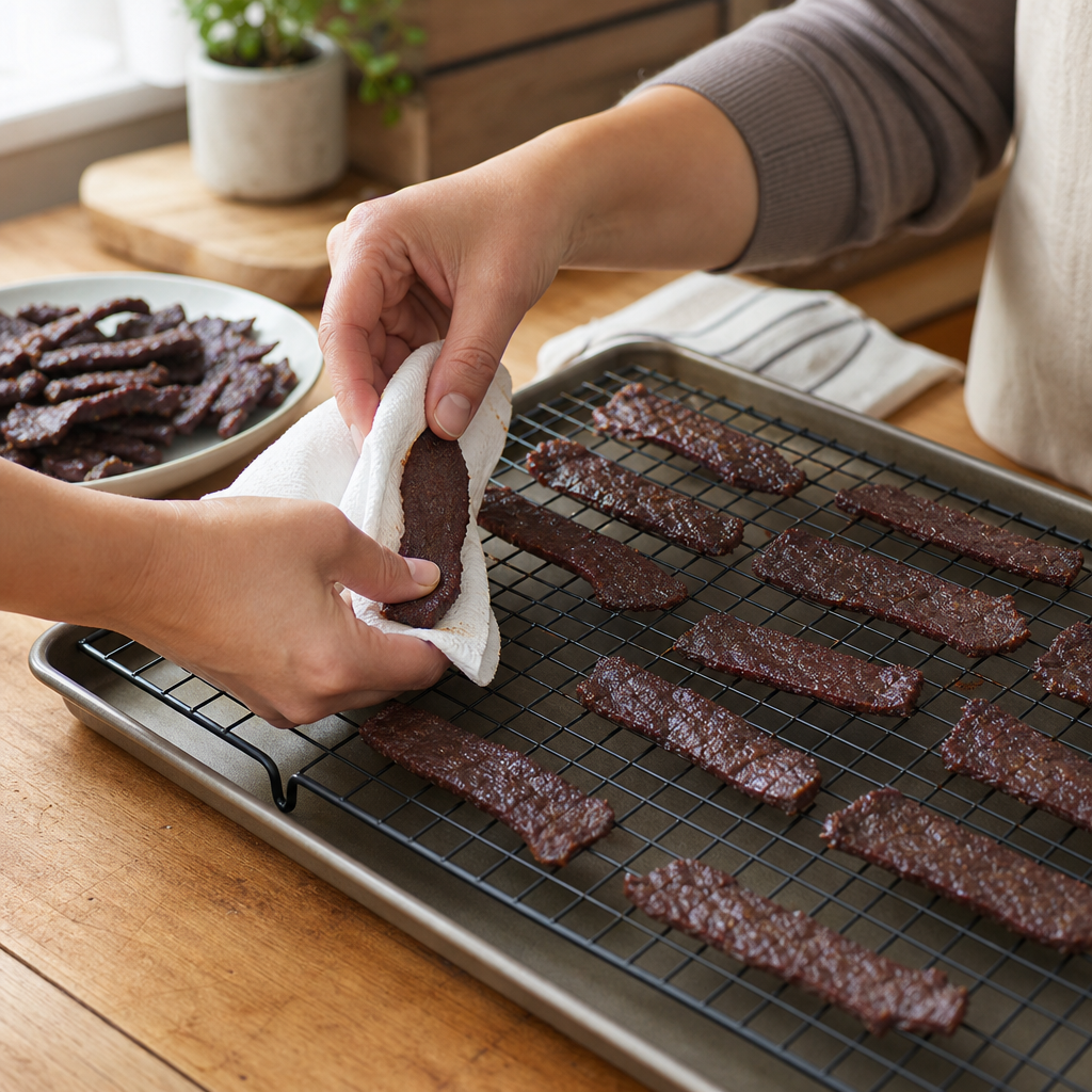 Step 3: Remove strips and pat dry. Arrange in a single layer on a wire rack over a baking sheet.
