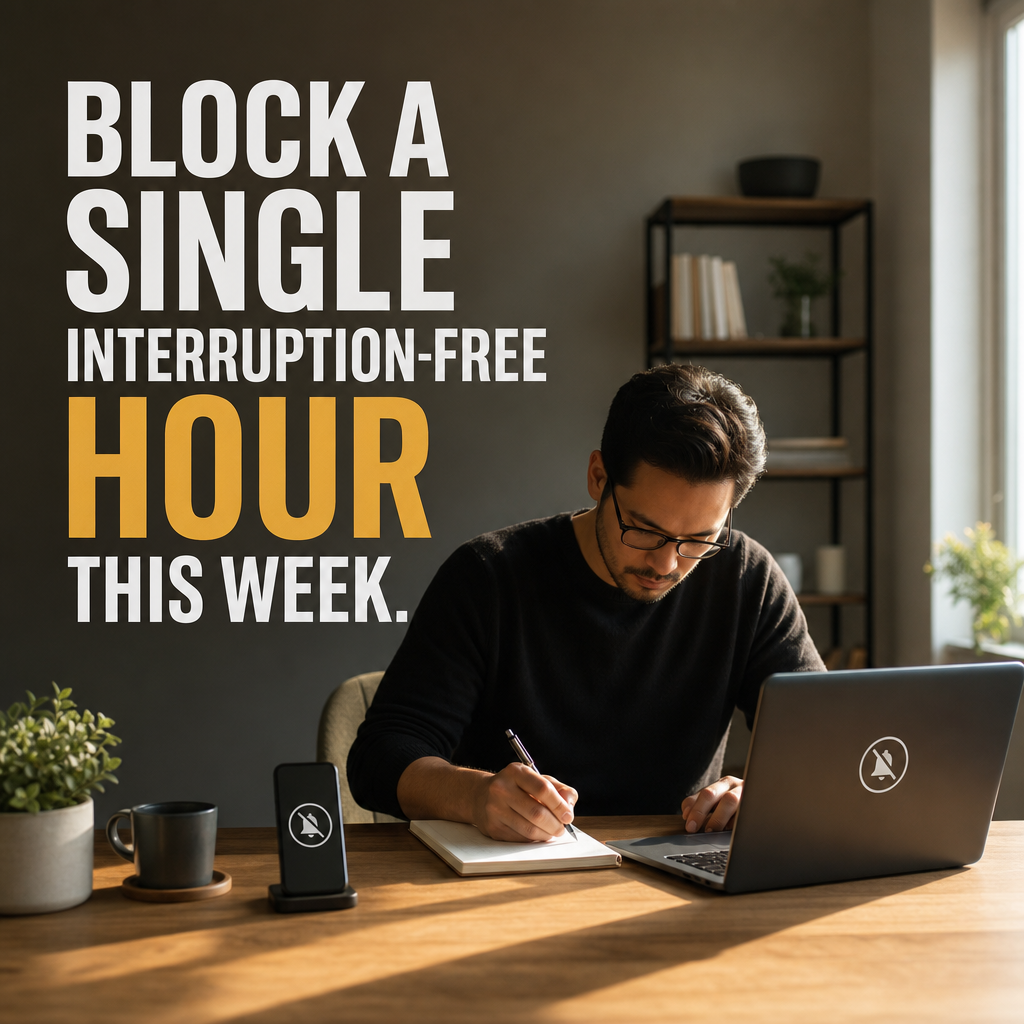 A person working in a sunlit, peaceful room with all distractions set aside for one focused hour.