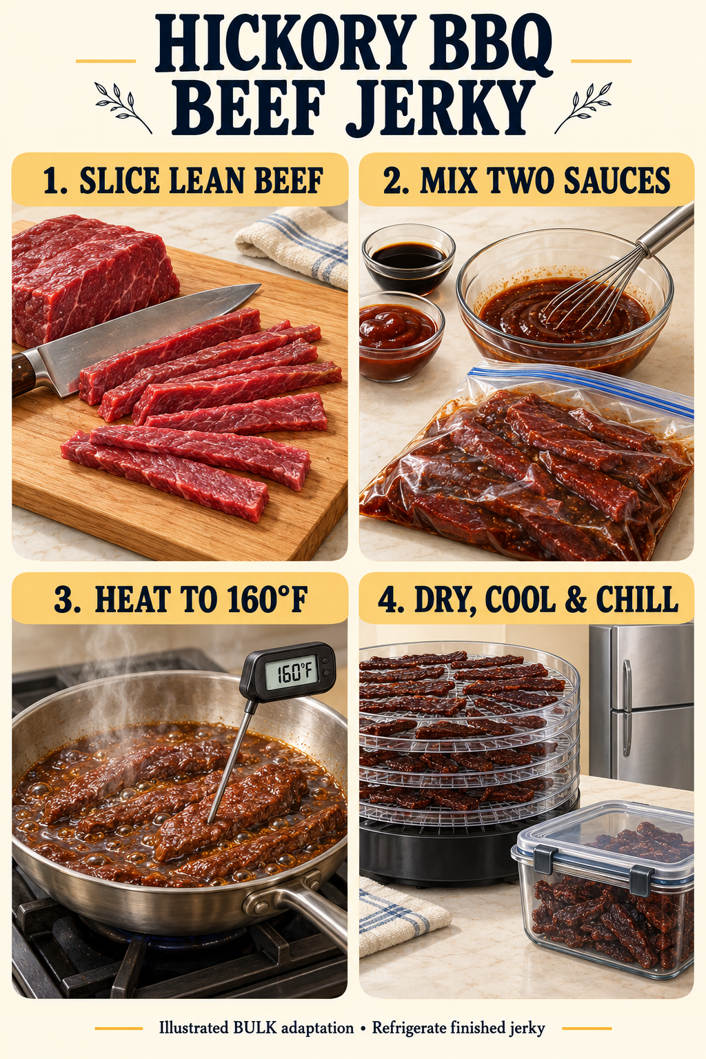 Illustrated four-stage guide for Hickory BBQ Beef Jerky: 1. SLICE LEAN BEEF, 2. MIX TWO SAUCES, 3. HEAT TO 160&deg;F, 4. DRY, COOL & CHILL