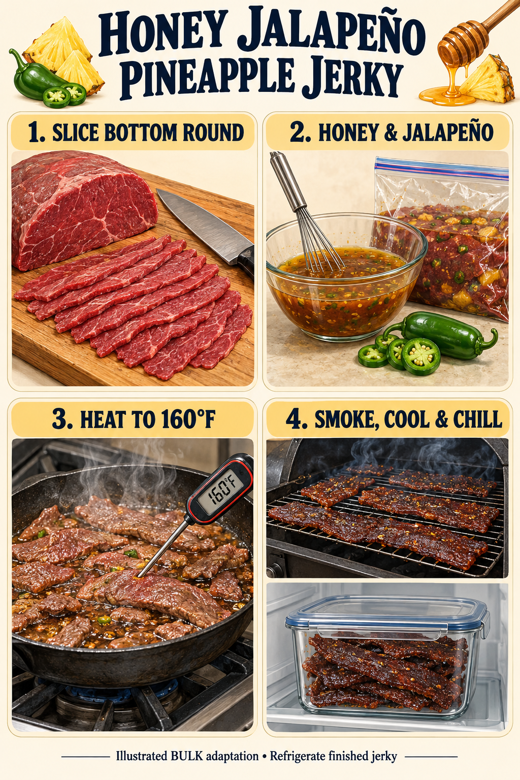 Illustrated four-stage guide for Honey Jalapeno Pineapple Beef Jerky: 1. SLICE BOTTOM ROUND, 2. HONEY & JALAPE&Ntilde;O, 3. HEAT TO 160&deg;F, 4. SMOKE, COOL & CHILL