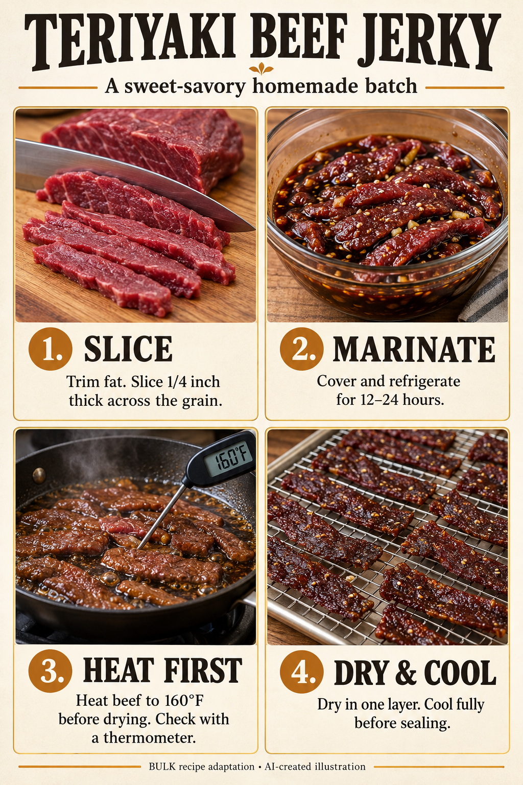 Four illustrated steps: slice beef across the grain, refrigerate in marinade, heat to 160 degrees Fahrenheit before drying, then dry and cool fully