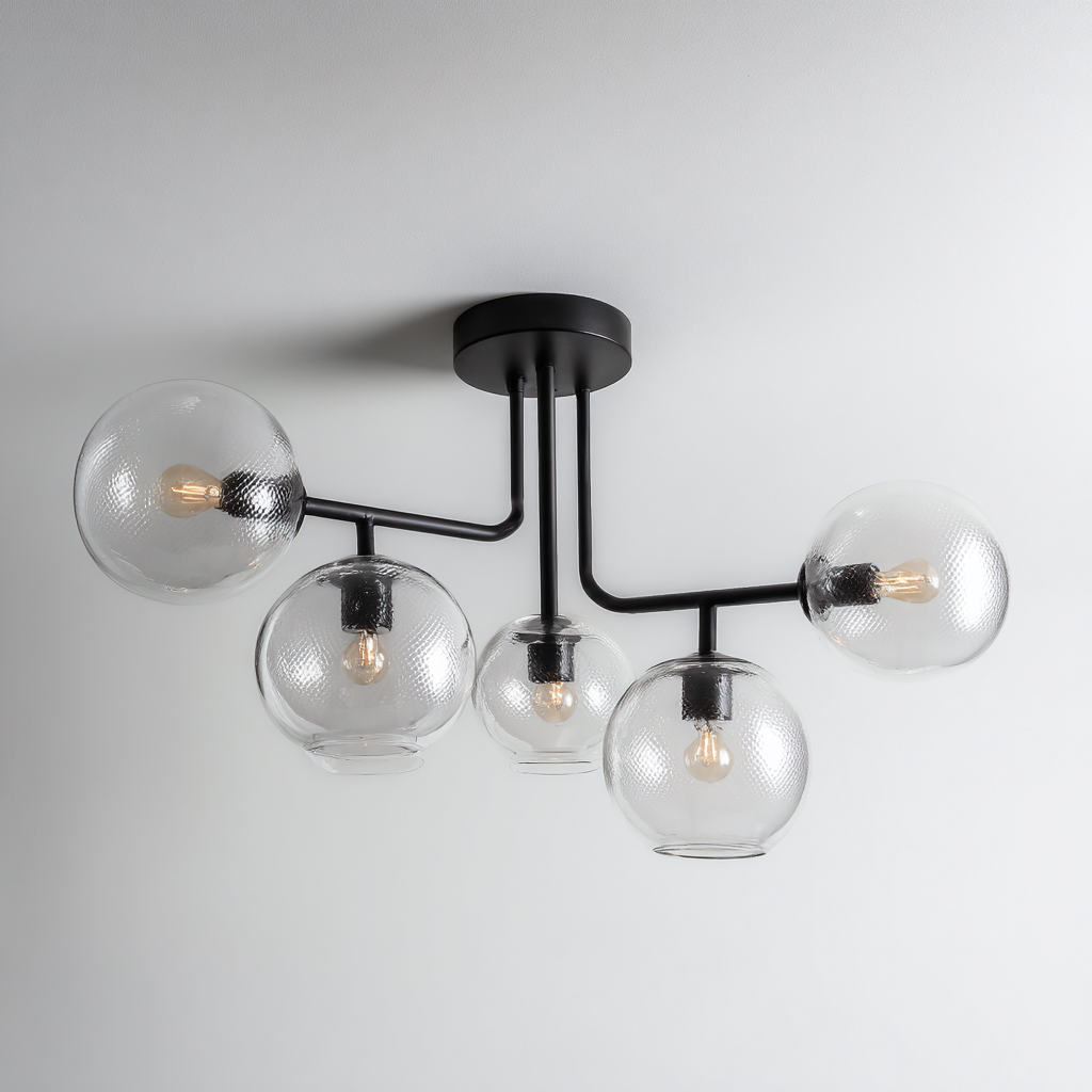 Plafonnier-Métal-Verre-70x55x28 cm-Noir-Transparent-Style Moderne-Luxeare