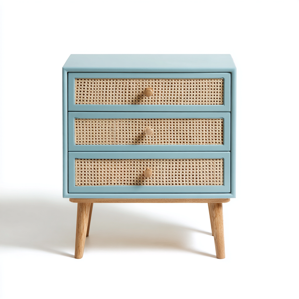 Commode - bois-rotin - 60x35x70 cm - bleu clair-naturel - style rétro-Luxeare