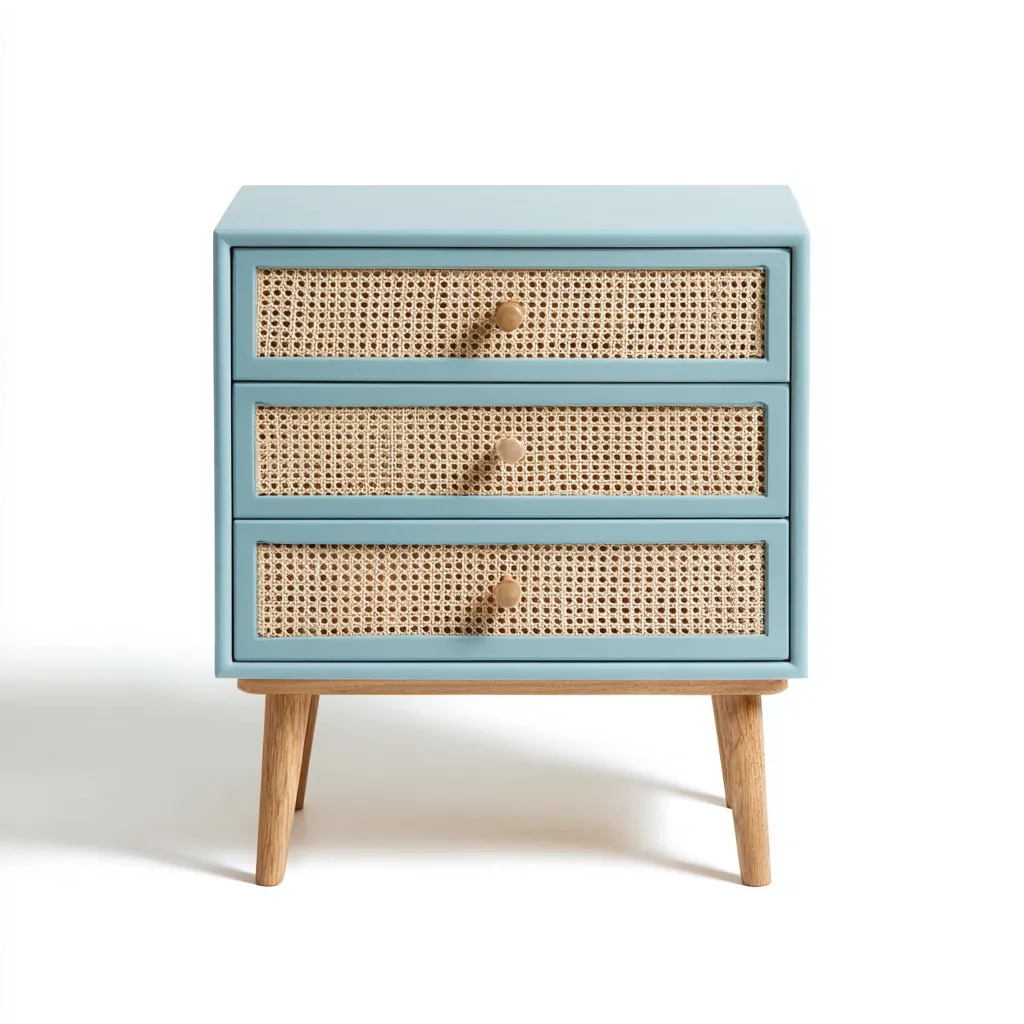 Commode - bois-rotin - 60x35x70 cm - bleu clair-naturel - style rétro-Luxeare