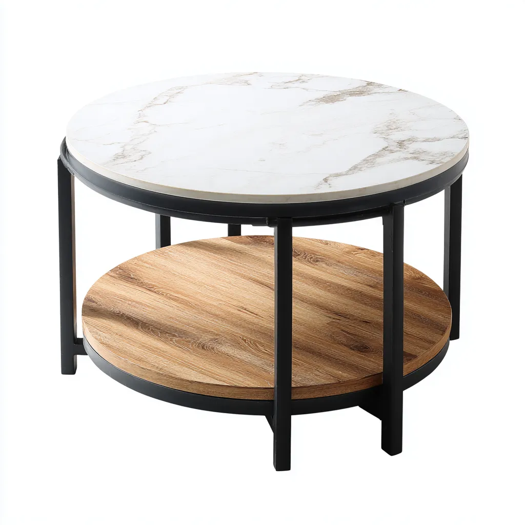 Table basse - métal-bois-marbres synthétiques - 80x80x45 cm - blanc-noir-bois - design moderne-Luxeare