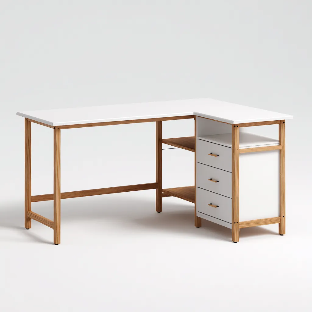 Bureau - bois composite-bois - 155x125x75 cm - blanc-bois - moderne-Luxeare