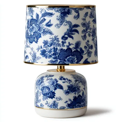 Lampe de table-céramique-textile-28x28x45 cm-blanc-bleu-or-style classique-Luxeare