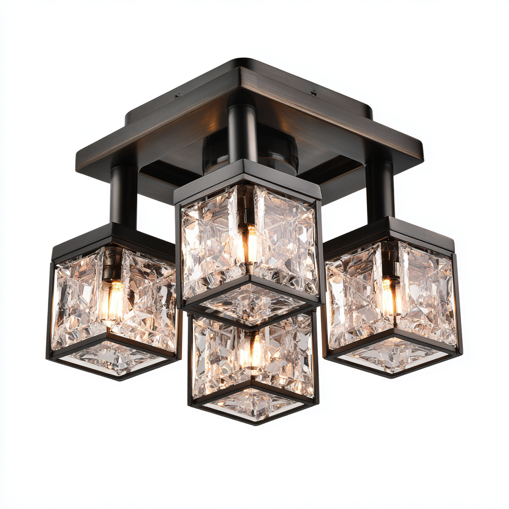 Plafonnier-métal-verre-32x32x28 cm-noir-transparent-usage intérieur-style moderne-Luxeare