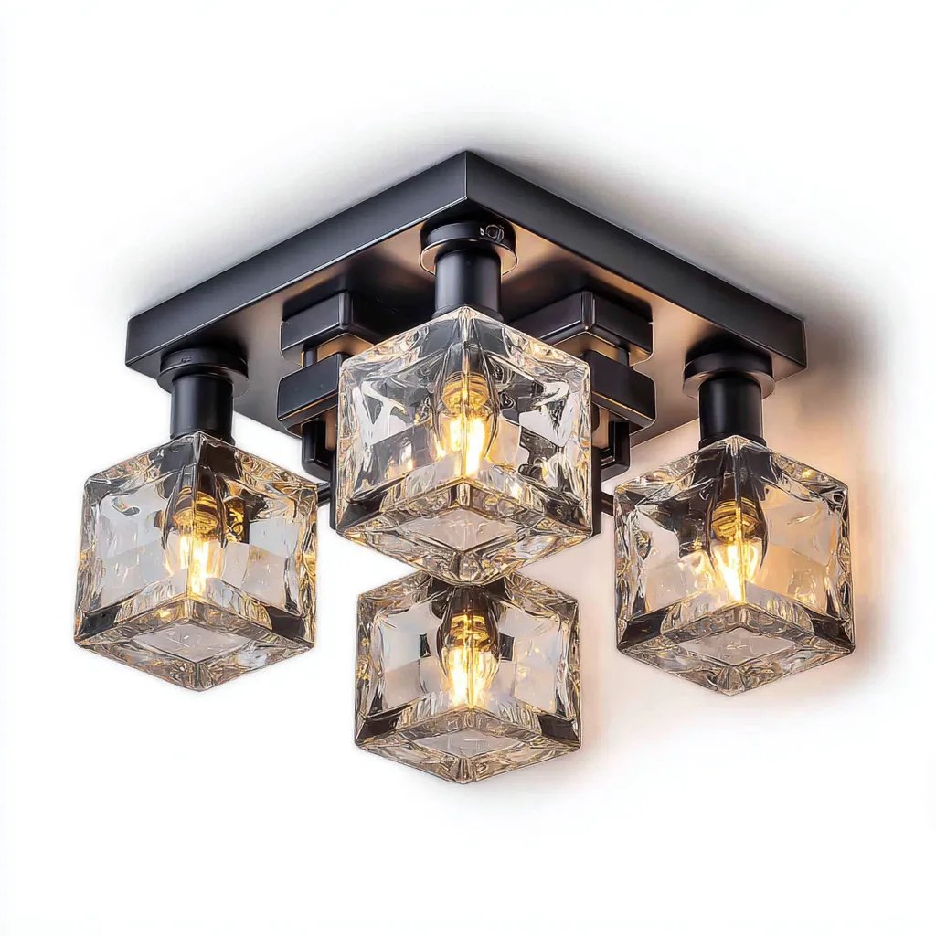 Plafonnier-métal-verre-28x28x22 cm-noir-transparent-style moderne-Luxeare