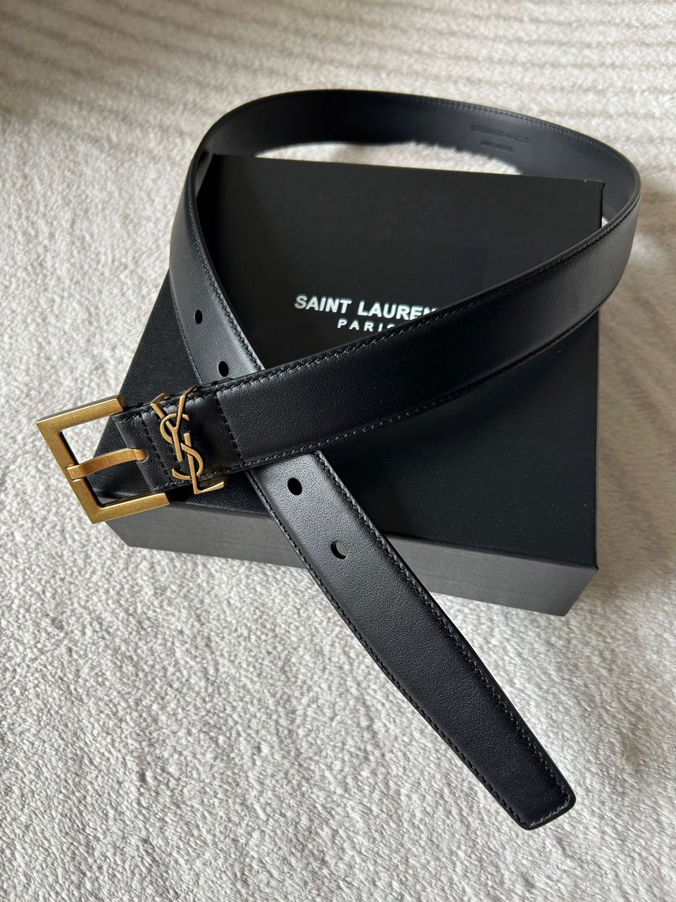 YSL Yves Saint Laurent Monogram Leather Belt in Black/Gold