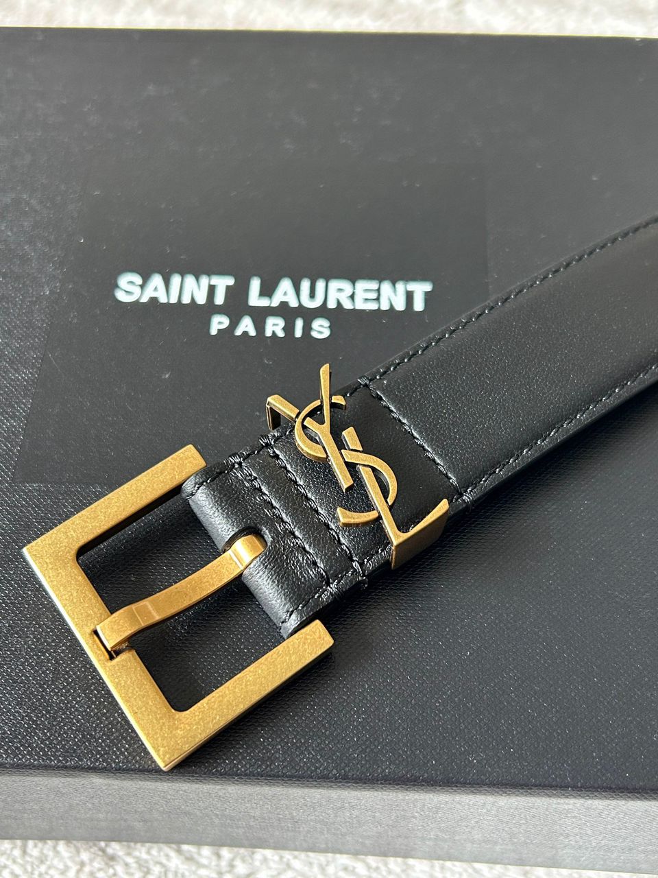 YSL Yves Saint Laurent Monogram Leather Belt in Black/Gold