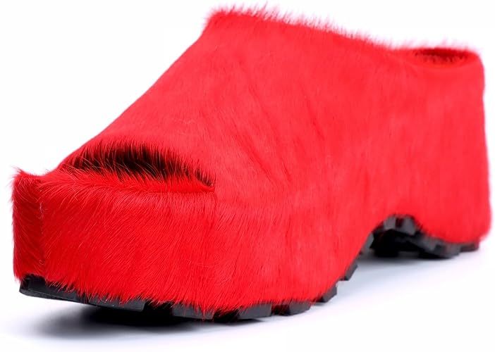 Long-Hair Calfskin Chunky Clog Slide for Women - Memory Foam Luxury Slip on Shoes Women's Mules & Platform Clogs