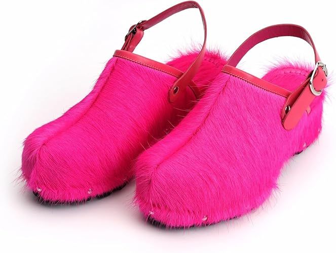 XOBZJH Women's Luxury Natural Cowhide Hair Platform Clogs – Western Retro Slip-On Mules with Zipper and Adjustable Buckle Strap – Handmade Rustic Cow Bone Back Hair Shoes with Arch Support