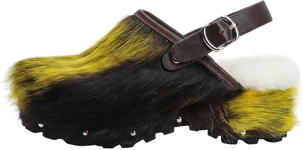 XOBZJH Women's Luxury Natural Cowhide Hair Platform Clogs – Western Retro Slip-On Mules with Zipper and Adjustable Buckle Strap – Handmade Rustic Cow Bone Back Hair Shoes with Arch Support