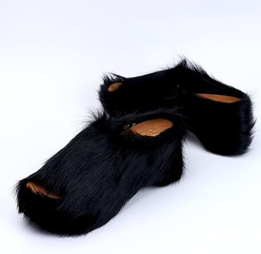 Long-Hair Calfskin Chunky Clog Slide for Women - Memory Foam Luxury Slip on Shoes Women's Mules & Platform Clogs