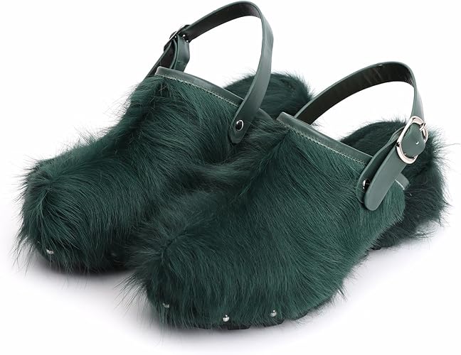 XOBZJH Women's Luxury Natural Cowhide Hair Platform Clogs – Western Retro Slip-On Mules with Zipper and Adjustable Buckle Strap – Handmade Rustic Cow Bone Back Hair Shoes with Arch Support