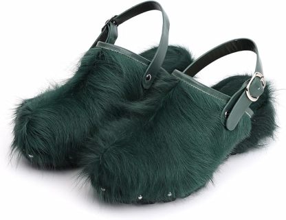 XOBZJH Women's Luxury Natural Cowhide Hair Platform Clogs – Western Retro Slip-On Mules with Zipper and Adjustable Buckle Strap – Handmade Rustic Cow Bone Back Hair Shoes with Arch Support