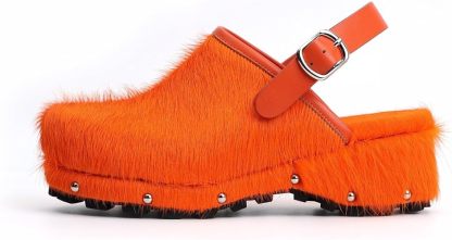 XOBZJH Women's Luxury Natural Cowhide Hair Platform Clogs – Western Retro Slip-On Mules with Zipper and Adjustable Buckle Strap – Handmade Rustic Cow Bone Back Hair Shoes with Arch Support