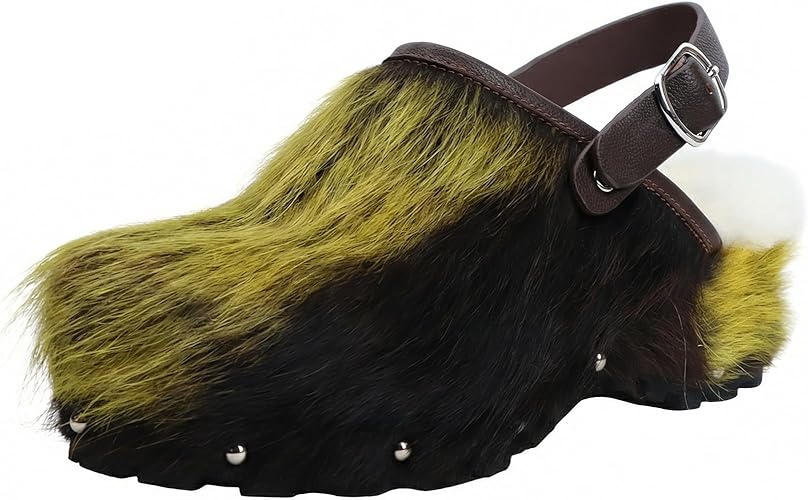 XOBZJH Women's Luxury Natural Cowhide Hair Platform Clogs – Western Retro Slip-On Mules with Zipper and Adjustable Buckle Strap – Handmade Rustic Cow Bone Back Hair Shoes with Arch Support