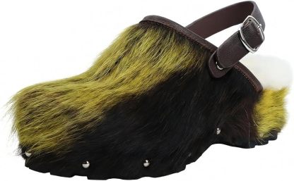 XOBZJH Women's Luxury Natural Cowhide Hair Platform Clogs – Western Retro Slip-On Mules with Zipper and Adjustable Buckle Strap – Handmade Rustic Cow Bone Back Hair Shoes with Arch Support