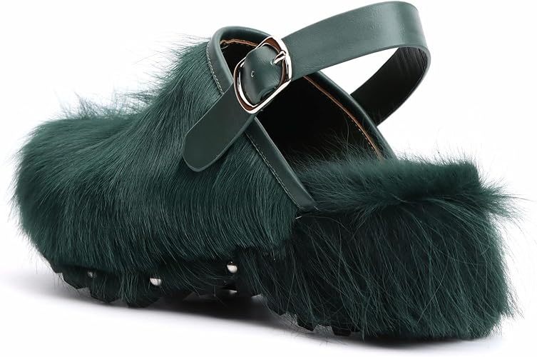 XOBZJH Women's Luxury Natural Cowhide Hair Platform Clogs – Western Retro Slip-On Mules with Zipper and Adjustable Buckle Strap – Handmade Rustic Cow Bone Back Hair Shoes with Arch Support