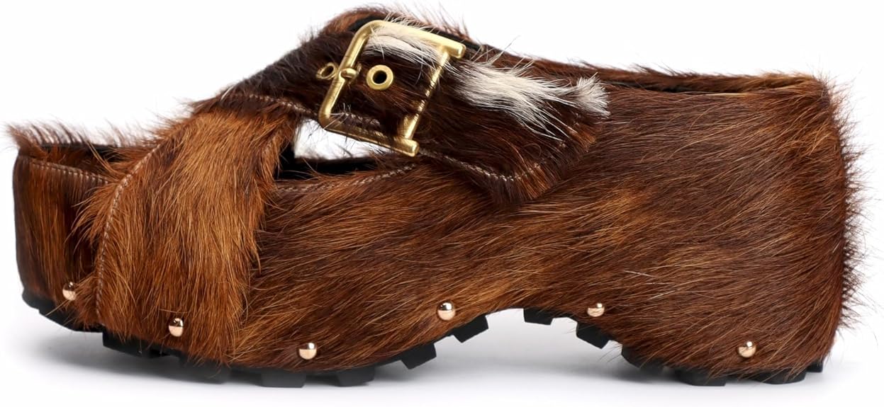 Long-Hair Calfskin Chunky Clog Slide for Women - Memory Foam Luxury Slip on Shoes Women's Mules & Platform Clogs