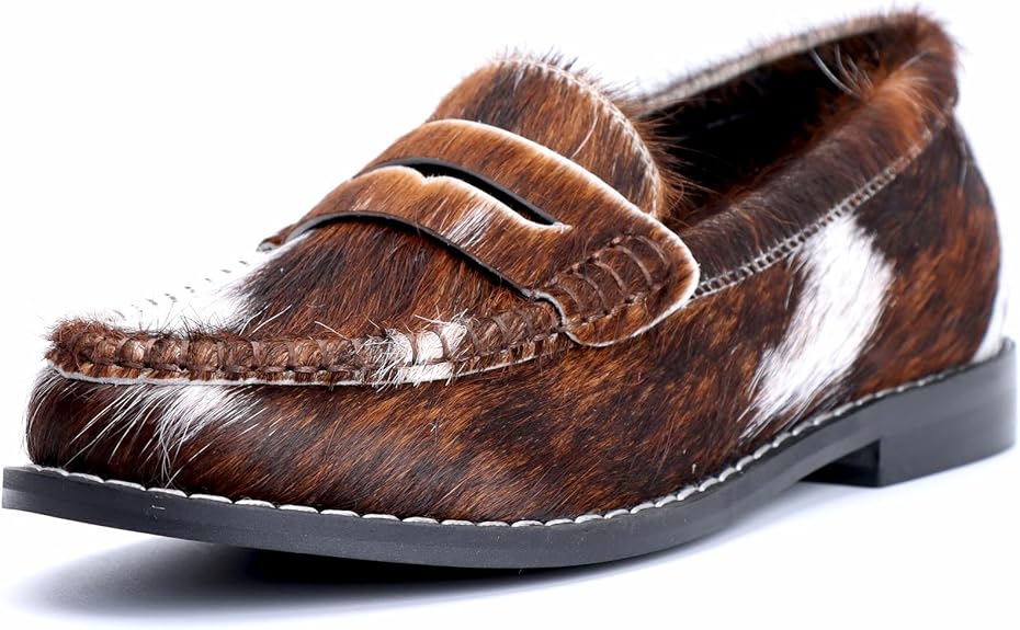 Vintage Penny Loafers for Women Handmade Natural Calf Hair Flats with Arch Support,Comfortable Designer Work Walking Shoes