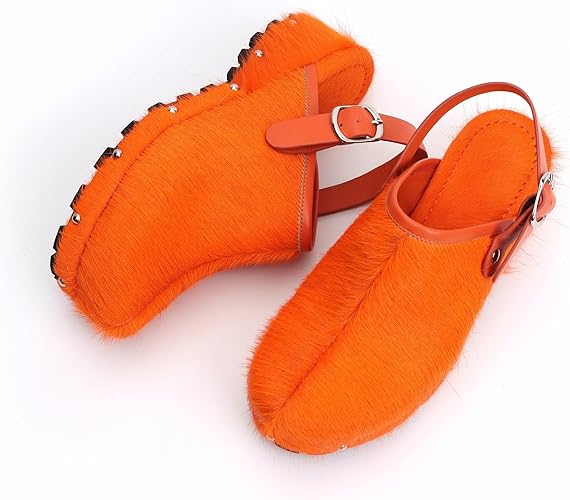 XOBZJH Women's Luxury Natural Cowhide Hair Platform Clogs – Western Retro Slip-On Mules with Zipper and Adjustable Buckle Strap – Handmade Rustic Cow Bone Back Hair Shoes with Arch Support