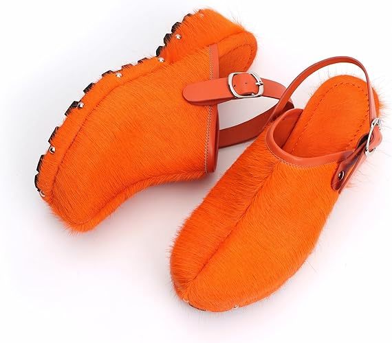 XOBZJH Women's Luxury Natural Cowhide Hair Platform Clogs – Western Retro Slip-On Mules with Zipper and Adjustable Buckle Strap – Handmade Rustic Cow Bone Back Hair Shoes with Arch Support