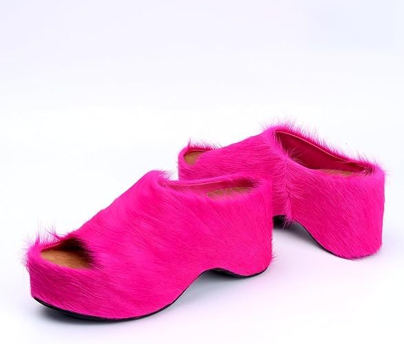 Long-Hair Calfskin Chunky Clog Slide for Women - Memory Foam Luxury Slip on Shoes Women's Mules & Platform Clogs