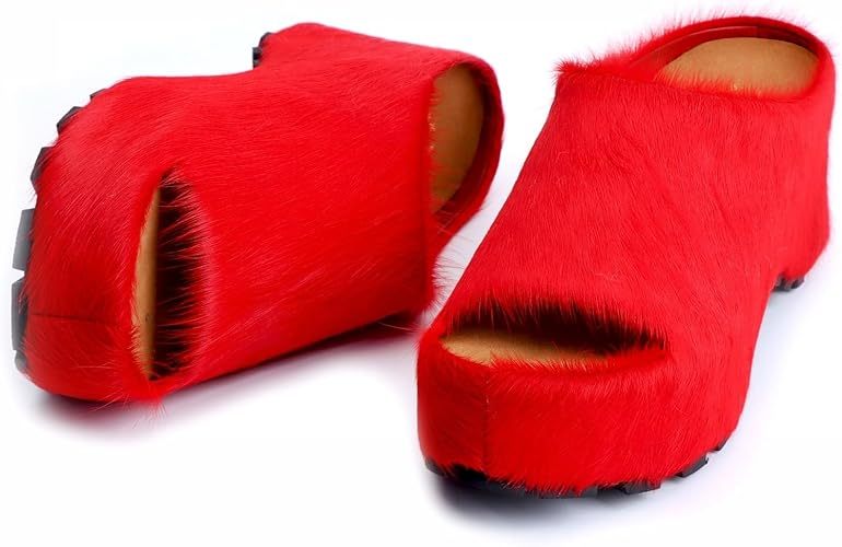 Long-Hair Calfskin Chunky Clog Slide for Women - Memory Foam Luxury Slip on Shoes Women's Mules & Platform Clogs