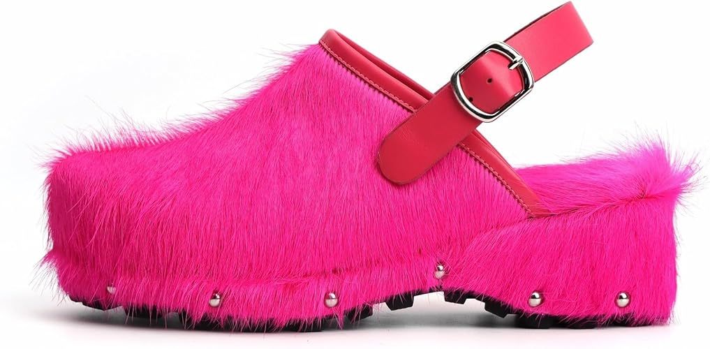 XOBZJH Women's Luxury Natural Cowhide Hair Platform Clogs – Western Retro Slip-On Mules with Zipper and Adjustable Buckle Strap – Handmade Rustic Cow Bone Back Hair Shoes with Arch Support