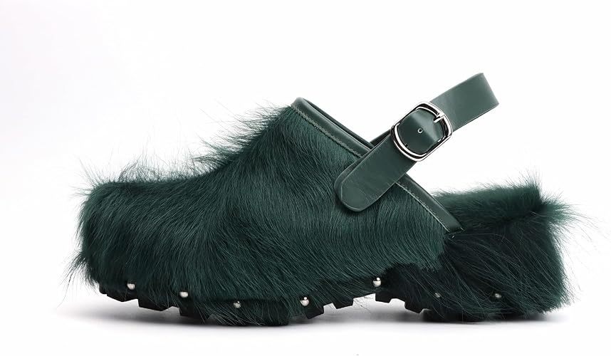 XOBZJH Women's Luxury Natural Cowhide Hair Platform Clogs – Western Retro Slip-On Mules with Zipper and Adjustable Buckle Strap – Handmade Rustic Cow Bone Back Hair Shoes with Arch Support