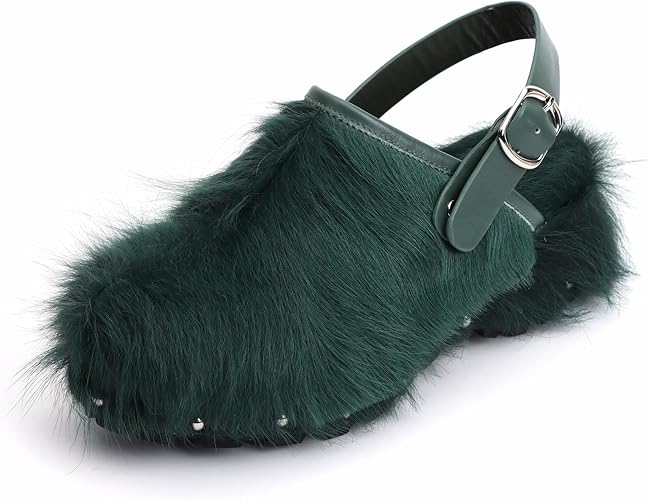 XOBZJH Women's Luxury Natural Cowhide Hair Platform Clogs – Western Retro Slip-On Mules with Zipper and Adjustable Buckle Strap – Handmade Rustic Cow Bone Back Hair Shoes with Arch Support