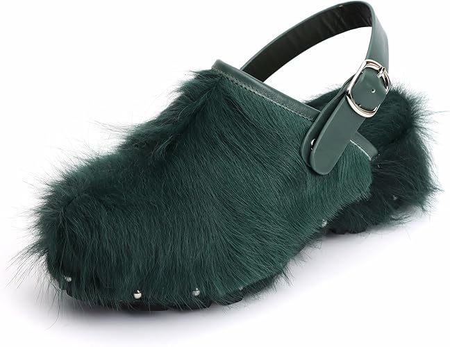 XOBZJH Women's Luxury Natural Cowhide Hair Platform Clogs – Western Retro Slip-On Mules with Zipper and Adjustable Buckle Strap – Handmade Rustic Cow Bone Back Hair Shoes with Arch Support